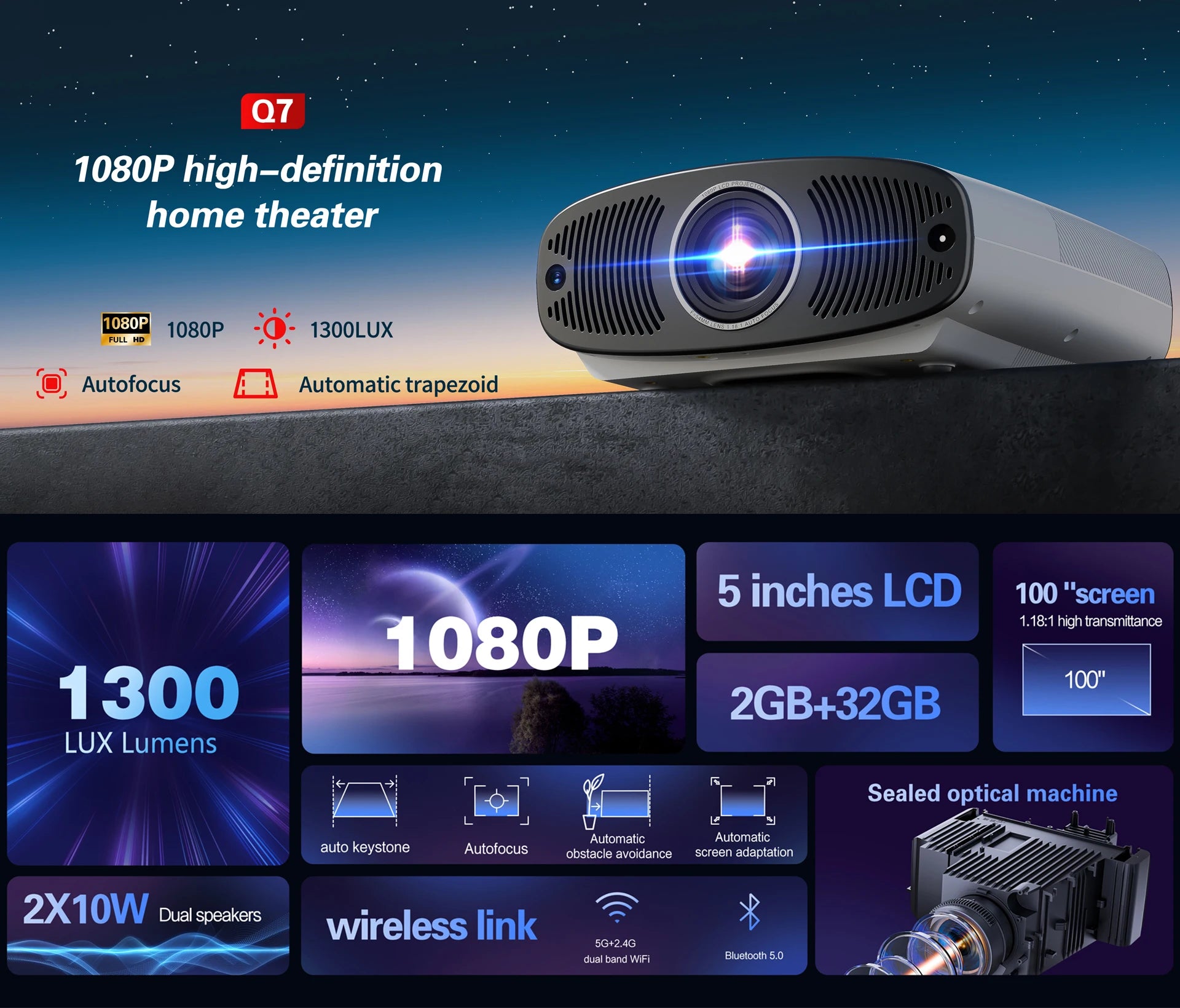 Yinzam GTV Smart Projector 1300 ANSI 1920x1080P Full Auto Obstacle Avoidance Home Theater Portable Projector WiFi Dual Speakers
