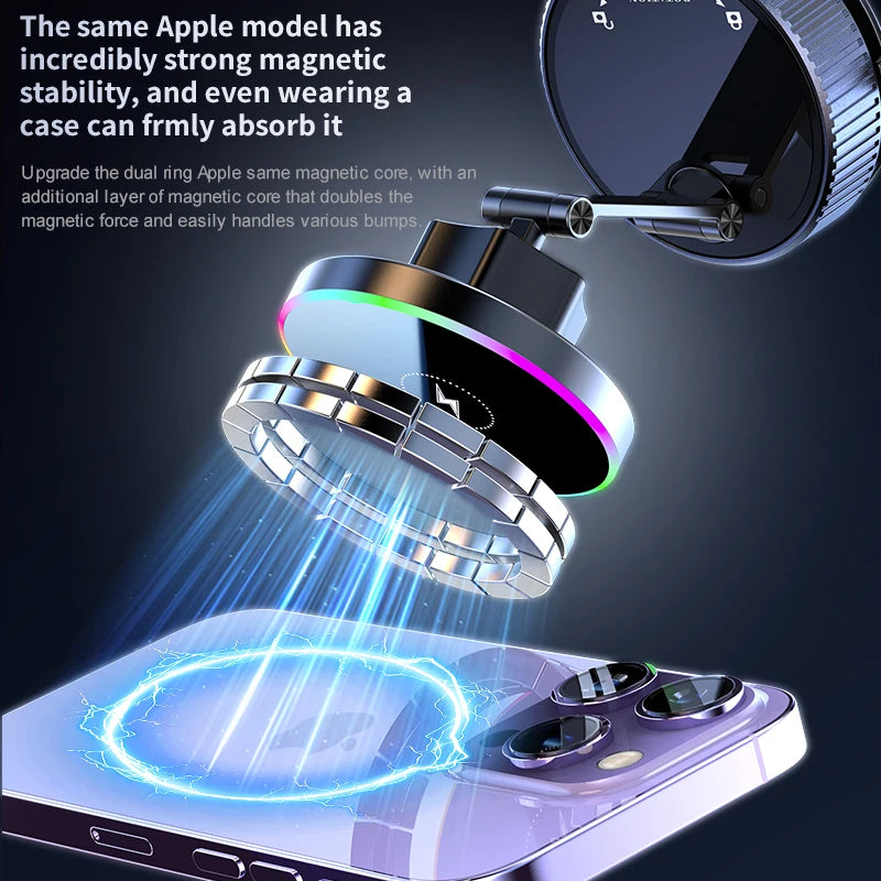 15W Wireless Car Charger Car Phone Holder RGB Colorful Light Vacuum Suction Cup Charging Can 360 Rotate Foldable Phone Holder