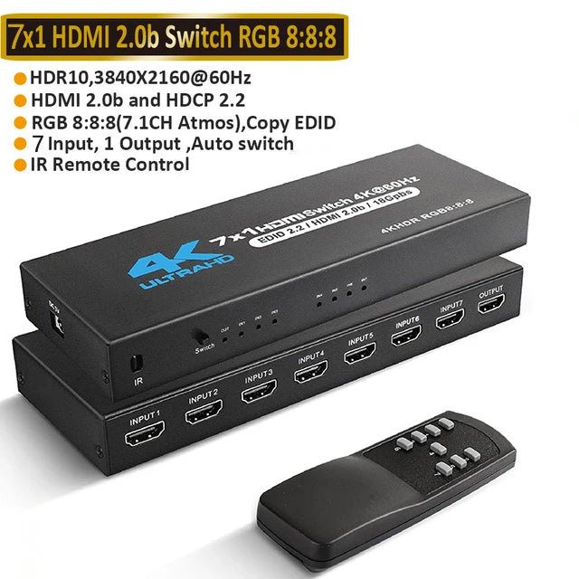 HDMI 2.0 Switch 7 in 1 out 4K 60Hz HDMI Switch 5X1/4X1 HDR HDMI 2.0 Switcher Remote for PS5 Xbox Series X NS Switch PC 4K HDTV