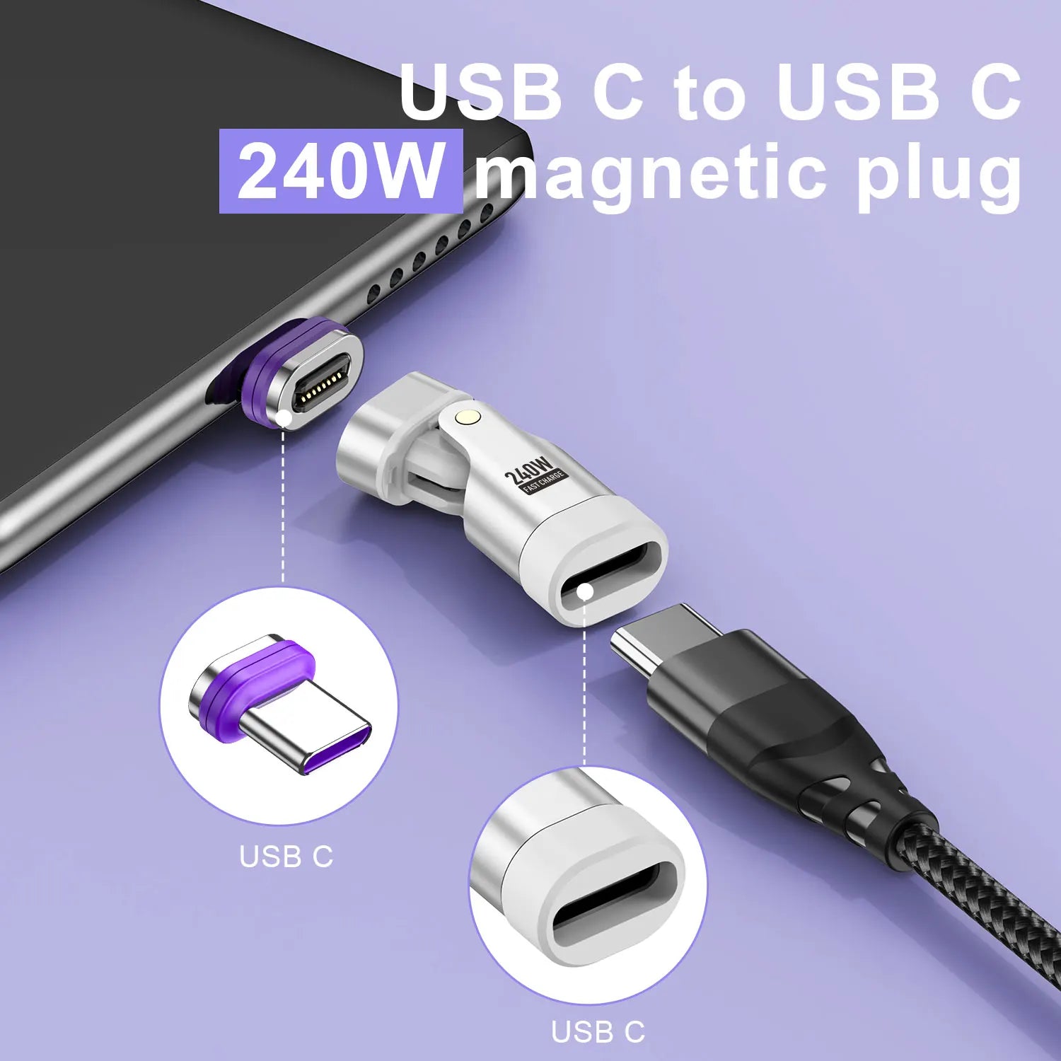 USLION 240W Magnetic Adapter USB C to Type-C Fast Charging Cable Type C Female Converter for Macbook iPhone 16 15 Xiaomi