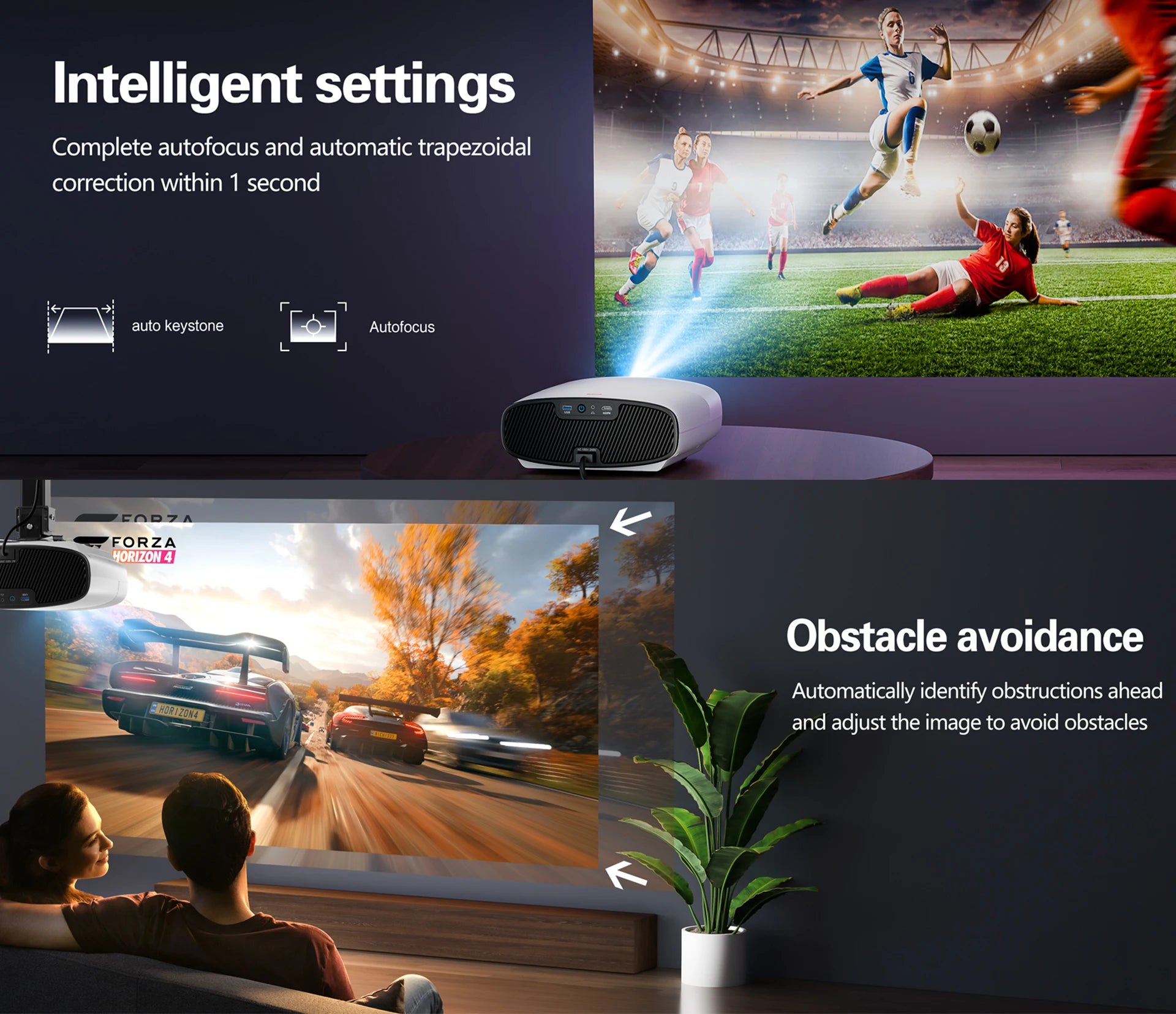 Yinzam GTV Smart Projector 1300 ANSI 1920x1080P Full Auto Obstacle Avoidance Home Theater Portable Projector WiFi Dual Speakers