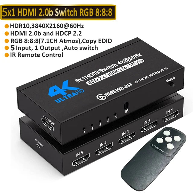 HDMI 2.0 Switch 7 in 1 out 4K 60Hz HDMI Switch 5X1/4X1 HDR HDMI 2.0 Switcher Remote for PS5 Xbox Series X NS Switch PC 4K HDTV