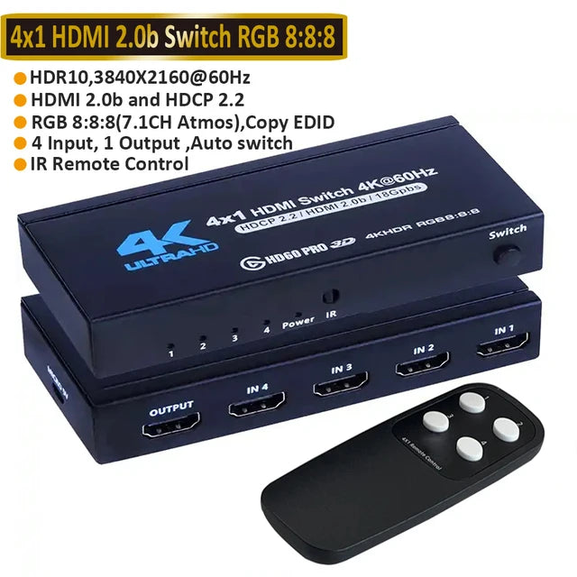 HDMI 2.0 Switch 7 in 1 out 4K 60Hz HDMI Switch 5X1/4X1 HDR HDMI 2.0 Switcher Remote for PS5 Xbox Series X NS Switch PC 4K HDTV