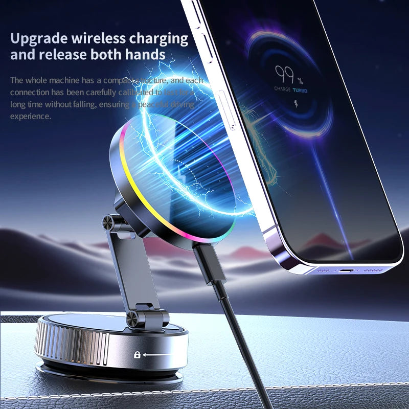 15W Wireless Car Charger Car Phone Holder RGB Colorful Light Vacuum Suction Cup Charging Can 360 Rotate Foldable Phone Holder