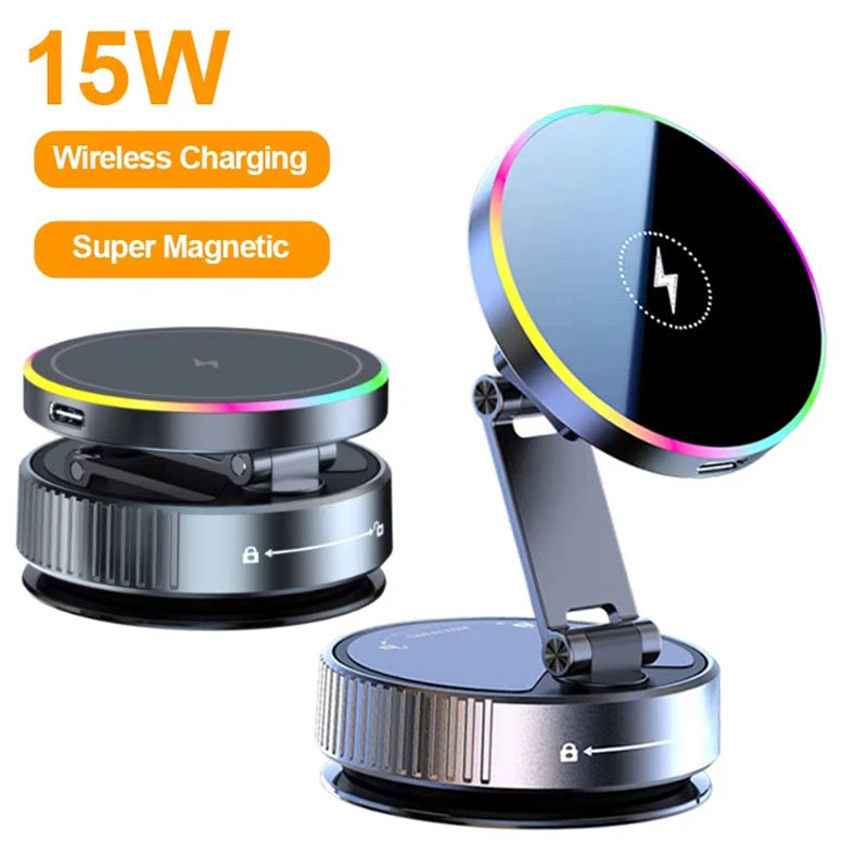 15W Wireless Car Charger Car Phone Holder RGB Colorful Light Vacuum Suction Cup Charging Can 360 Rotate Foldable Phone Holder