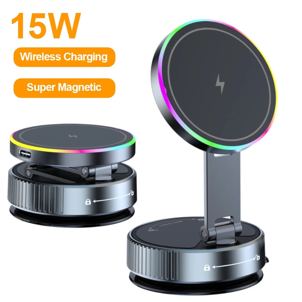 15W Wireless Car Charger Car Phone Holder RGB Colorful Light Vacuum Suction Cup Charging Can 360 Rotate Foldable Phone Holder