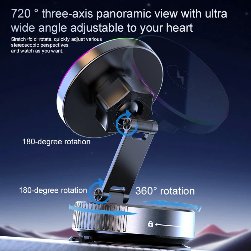 15W Wireless Car Charger Car Phone Holder RGB Colorful Light Vacuum Suction Cup Charging Can 360 Rotate Foldable Phone Holder