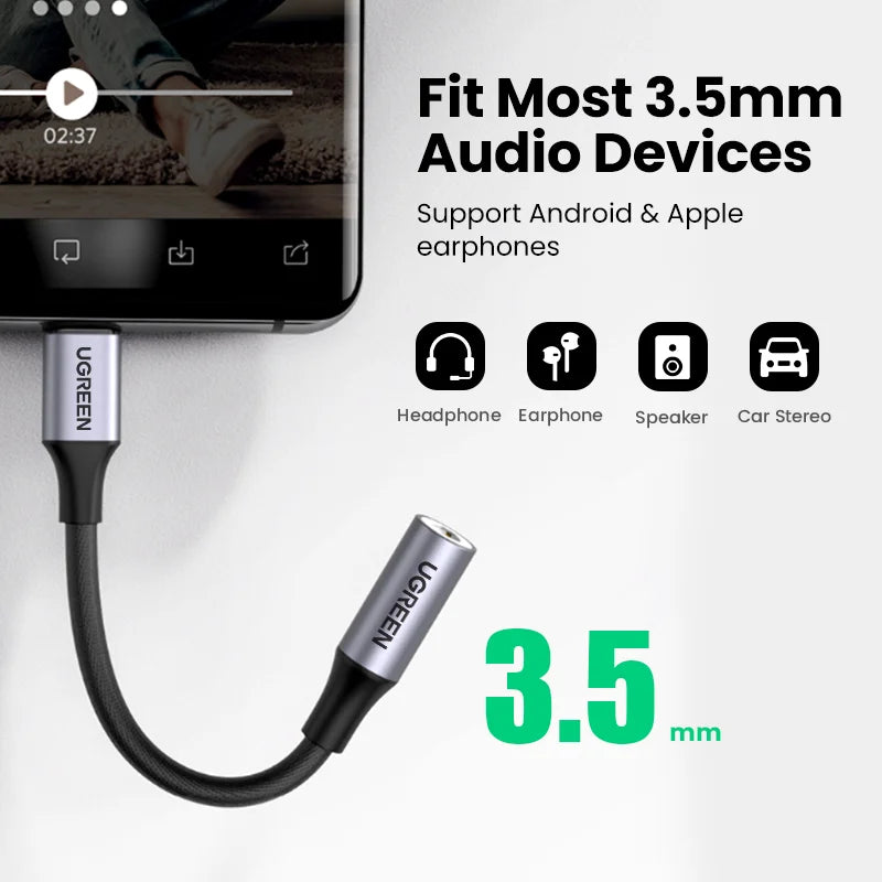 UGREEN Type C to 3.5mm Earphone USB C Cable USB C to 3.5 Headphone Adapter DAC Audio Cable For Xiaomi Mi10 HUAWEI P30 Oneplus 9