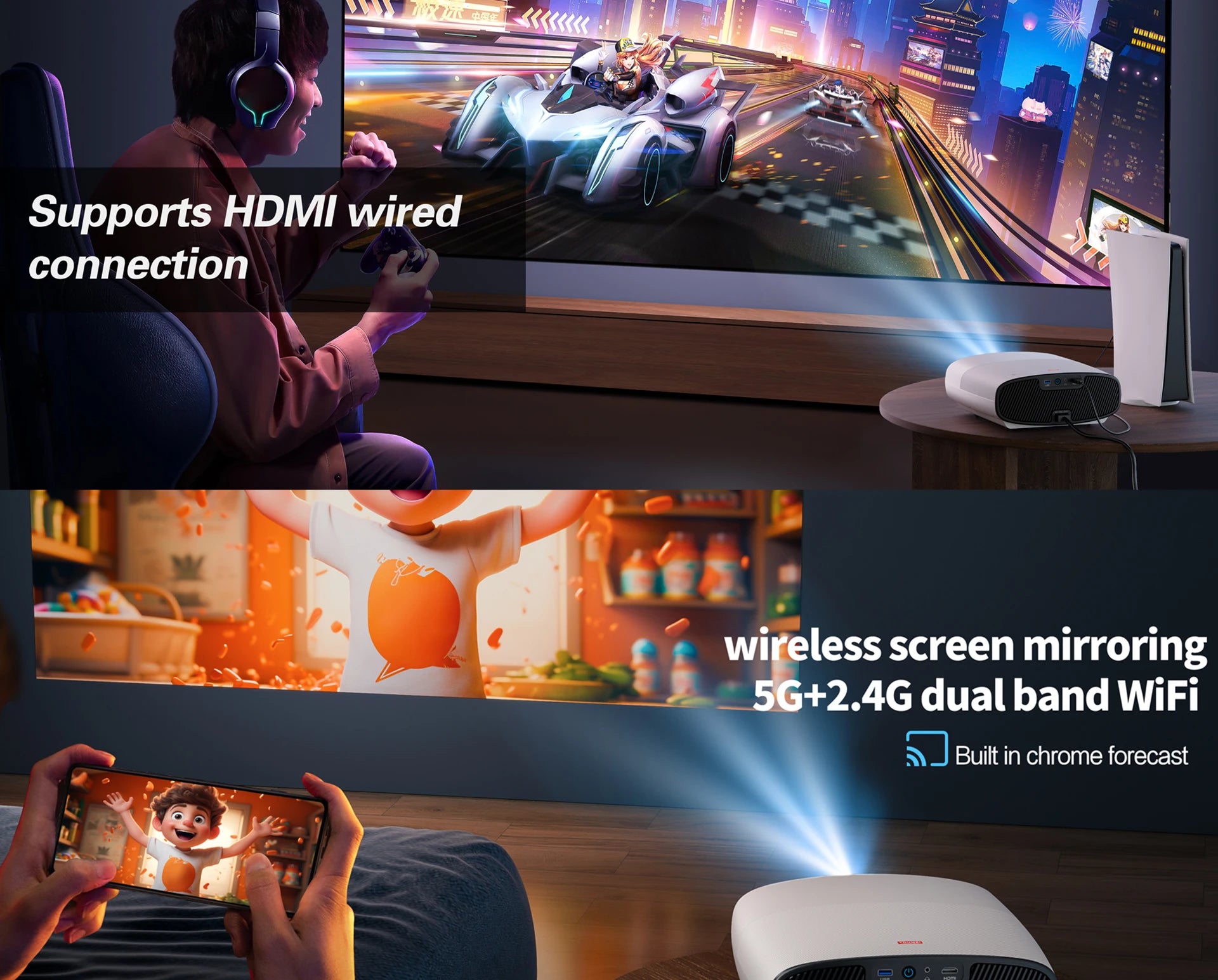 Yinzam GTV Smart Projector 1300 ANSI 1920x1080P Full Auto Obstacle Avoidance Home Theater Portable Projector WiFi Dual Speakers