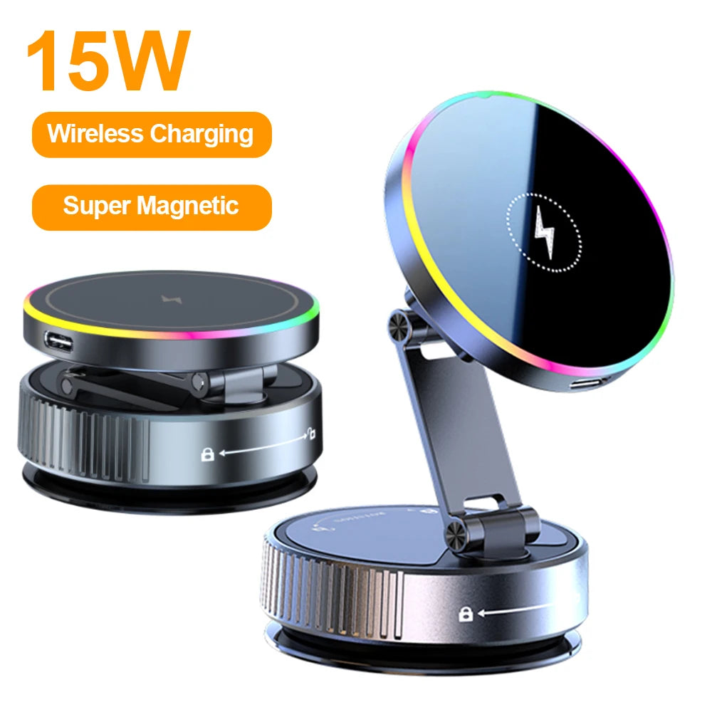 15W Wireless Car Charger Car Phone Holder RGB Colorful Light Vacuum Suction Cup Charging Can 360 Rotate Foldable Phone Holder