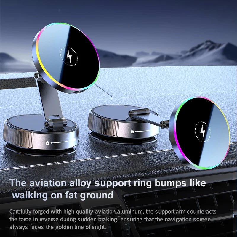 15W Wireless Car Charger Car Phone Holder RGB Colorful Light Vacuum Suction Cup Charging Can 360 Rotate Foldable Phone Holder
